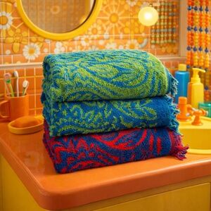 Vintage 1970s Paisley Fringe Bath Towels Set of 3